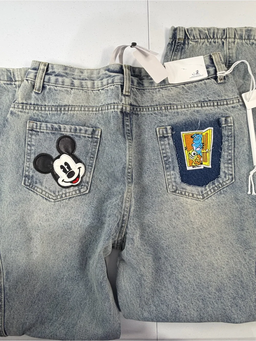 Barrel Wide Leg Denim Jeans Vintage Wash Patches Cartoon Disney Streetwear Sz 31